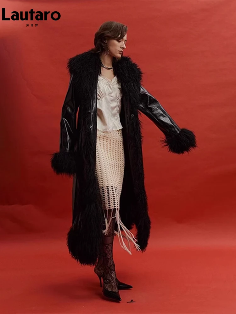 Lautaro Spring Autumn Long Black Shiny Patent Pu Leather Coat Women with Faux Fur Trim Luxury Designer Clothing European Fashion
