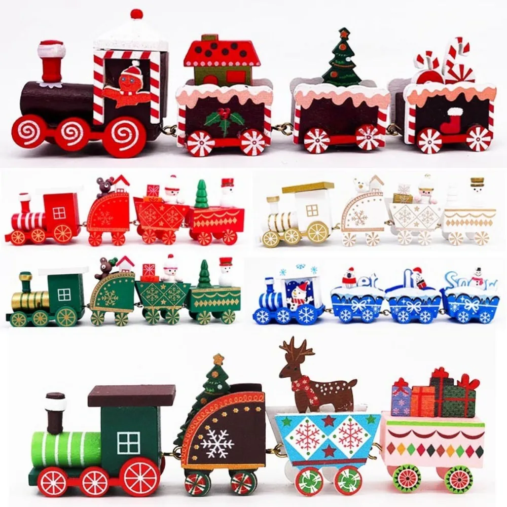 Wooden Christmas Train Ornament Baby Toys Cute Painted Toy Train with Santa Claus Snowman Crafts for New Year Xmas Kids Gifts