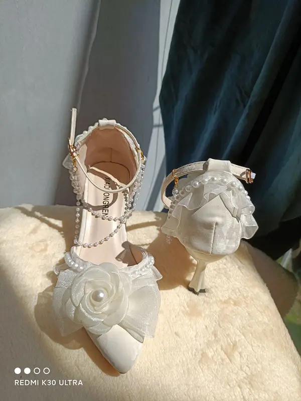 Lolita elegant party dresses for women 2024 wedding bridal shoe pointed toe heels Pretty shoes designer ladies heel beige high-e