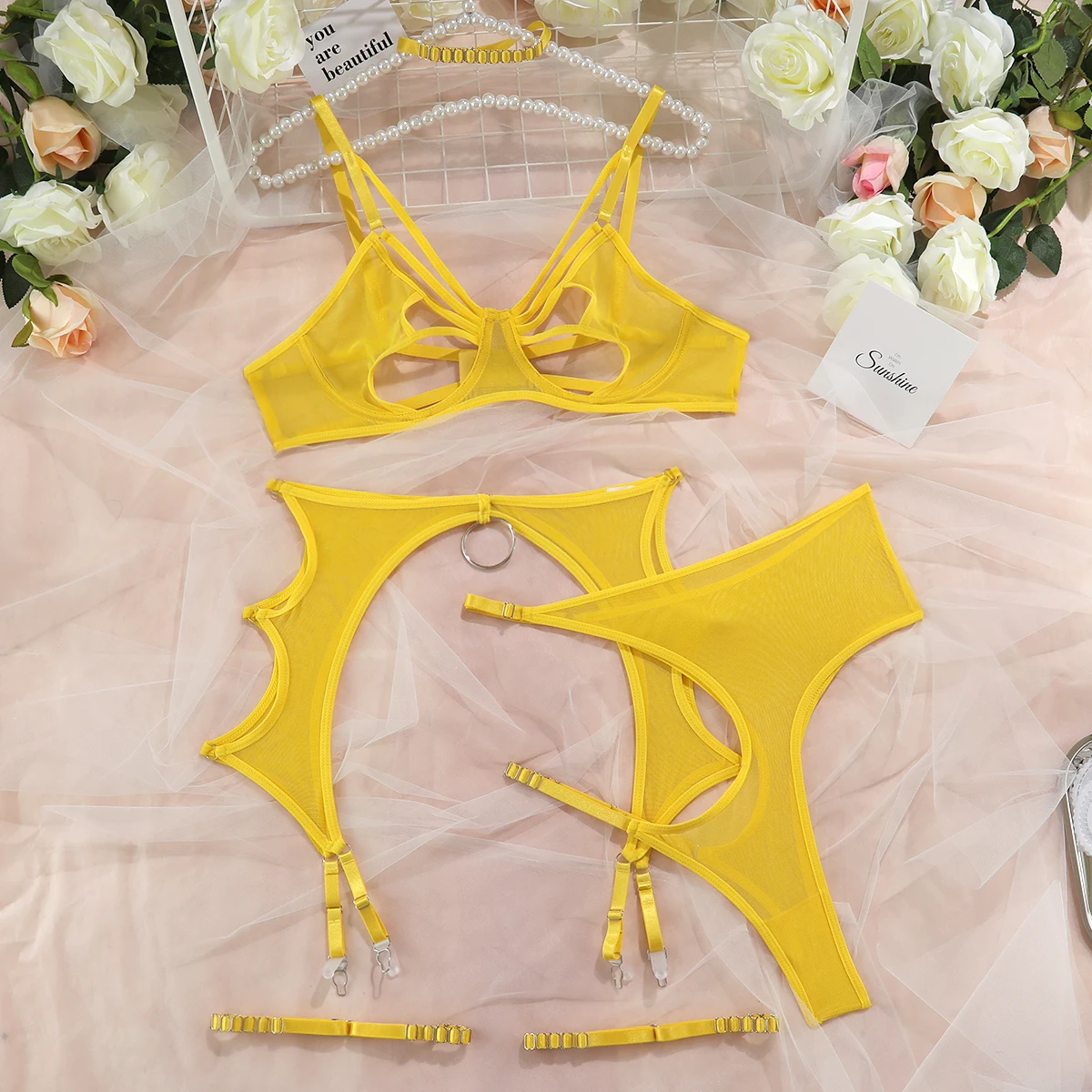 Ellolace 2025 Sexy Cut Out Bra Lingerie new Sensual Fancy Underwear Garters Briefs Sets G-String Thongs Lace Yellow Erotic Intimate