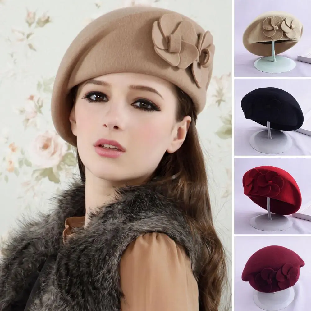 Good-looking Women Hat Felt Beret Hat Dual Flowers Decor Cold Resistant Windproof Winter Female French Beanie Cap