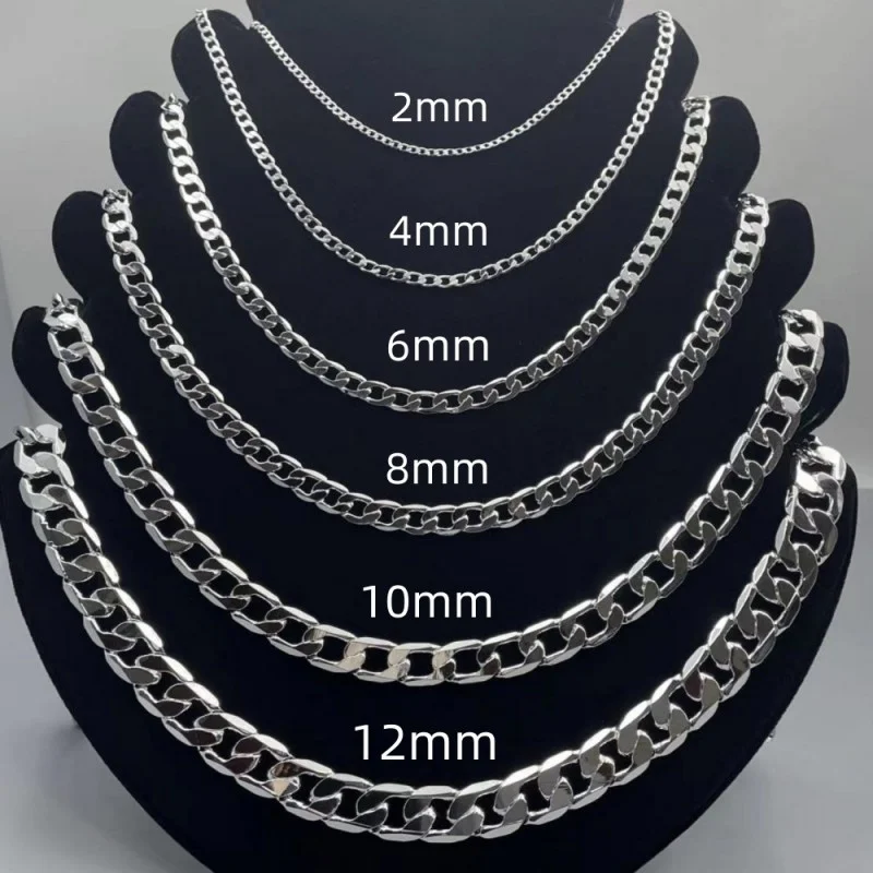 Men's Silver Color Necklace 2/4/6/8/10/12MM 50-60cm Face Chain Necklace Lobster Clasp Men Women Engagement Jewelry Gifts
