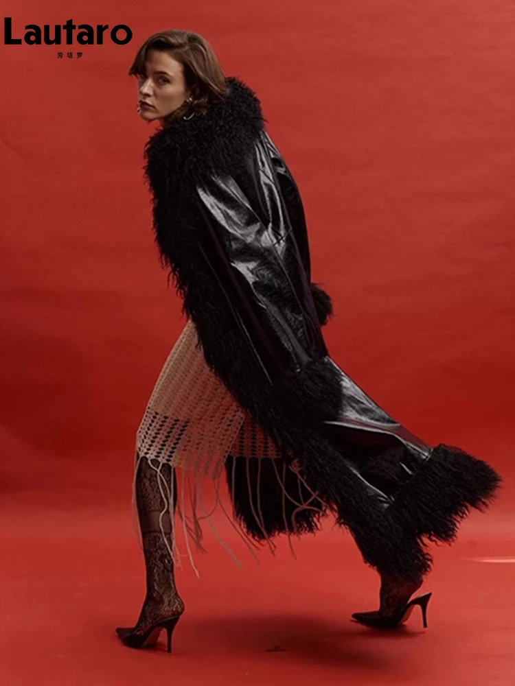 Lautaro Spring Autumn Long Black Shiny Patent Pu Leather Coat Women with Faux Fur Trim Luxury Designer Clothing European Fashion