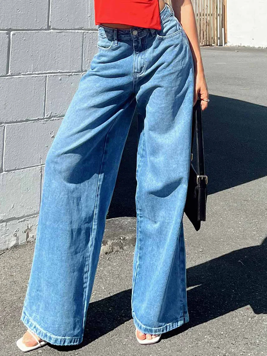 new Women Denim Pants Loose Stretchy 2025 Casual Solid Color Wide Leg Jeans Trousers with Pockets Streetwear