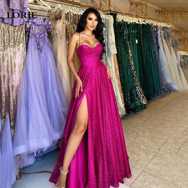 LORIE Hot Pink Spaghetti Straps Mermaid Evening Dresses Shiny Glitter Side Split Prom Gowns Corset Evening Party Dress