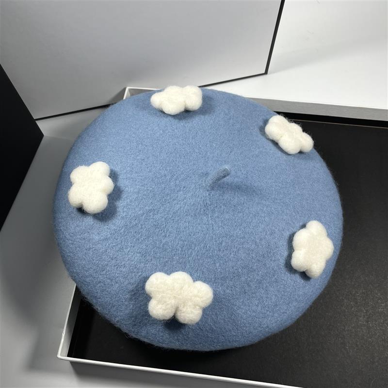 RH New Handmade new Cute White Clouds Wool Felt French Berets Spring Winter Artist Warm Painter Hats 2025 For Gift