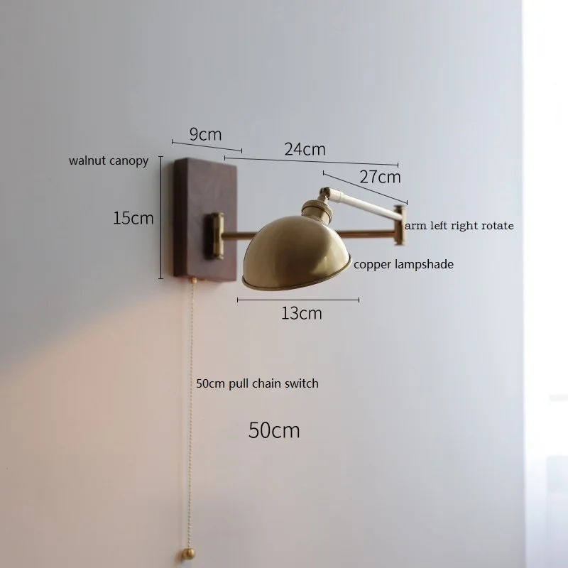 IWHD Walnut Ash Wood Canopy LED Wall Light Fixtures Pull Chain Switch Copper Arm Left Right Rotate Bedroom Beside Lamp Sconce