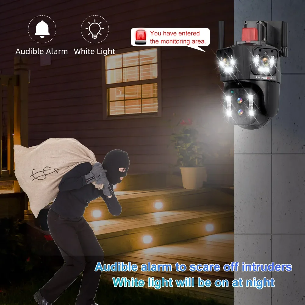 LS VISION 8K UHD WIFI IP Camera Outdoor 10X Optical Zoom Auto Tracking 6K PTZ Four Lens Three Screen Waterproof Security Camera