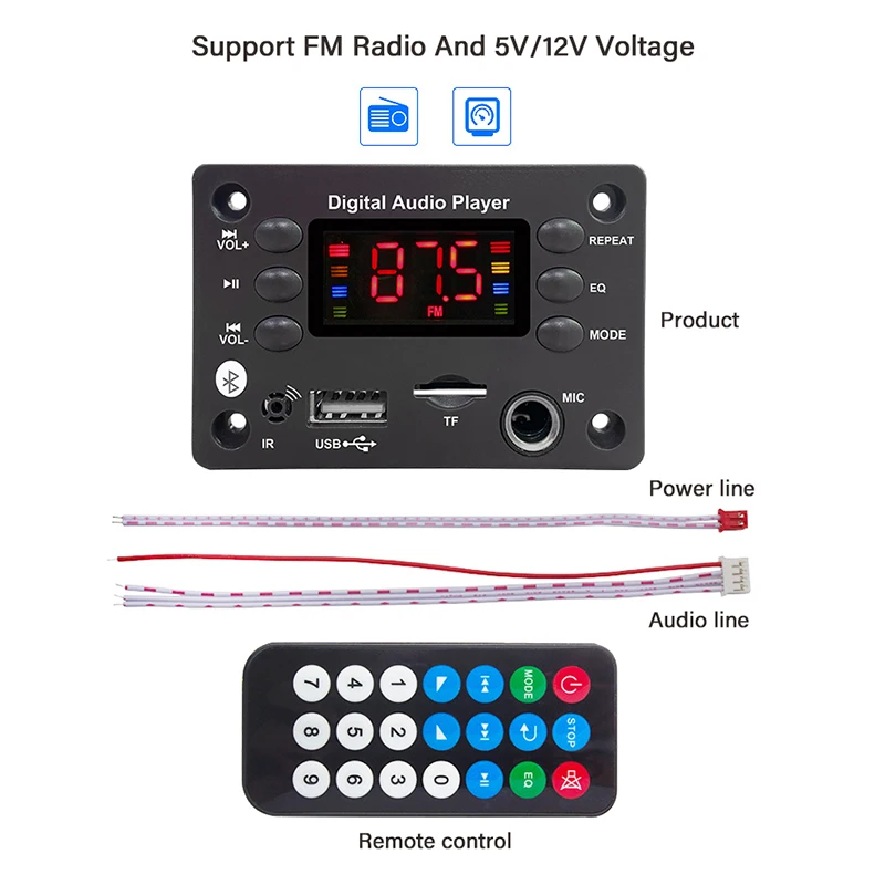 Bluetooth MP Decoder Audio Board DC V USB Power Supply TF FM Radio Player For Car Music Speaker