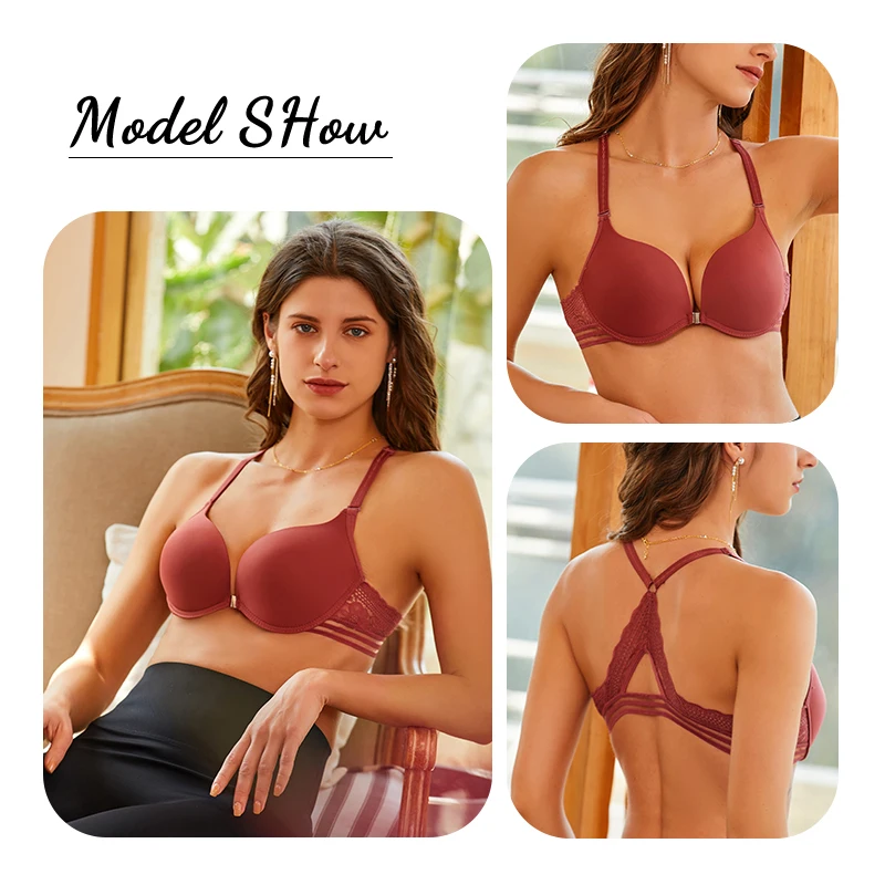Sexy Women Lace Back Crossing Push Up Gather Bra Front Opened Full Cup Ladies Solid Underwear Female Soft Breathable Brassiere