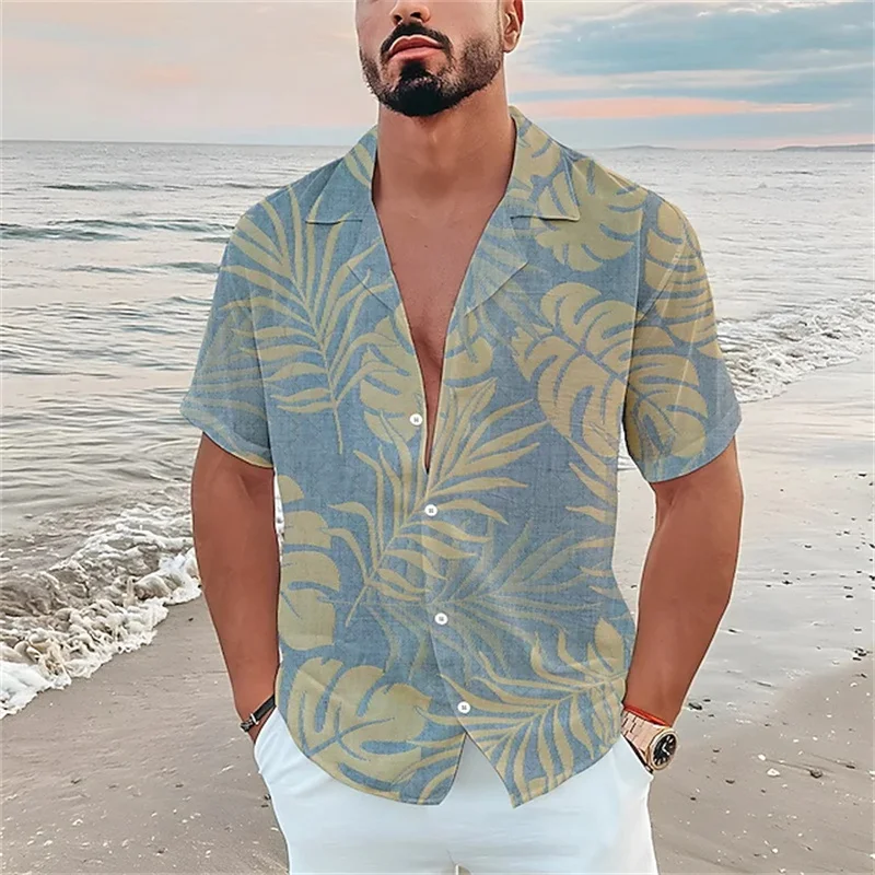 New 2025 men's Hawaiian shirt flower graphics 3D new printing light yellow short-sleeved cardigan clothes tropical beach T-shirt SX-5XL
