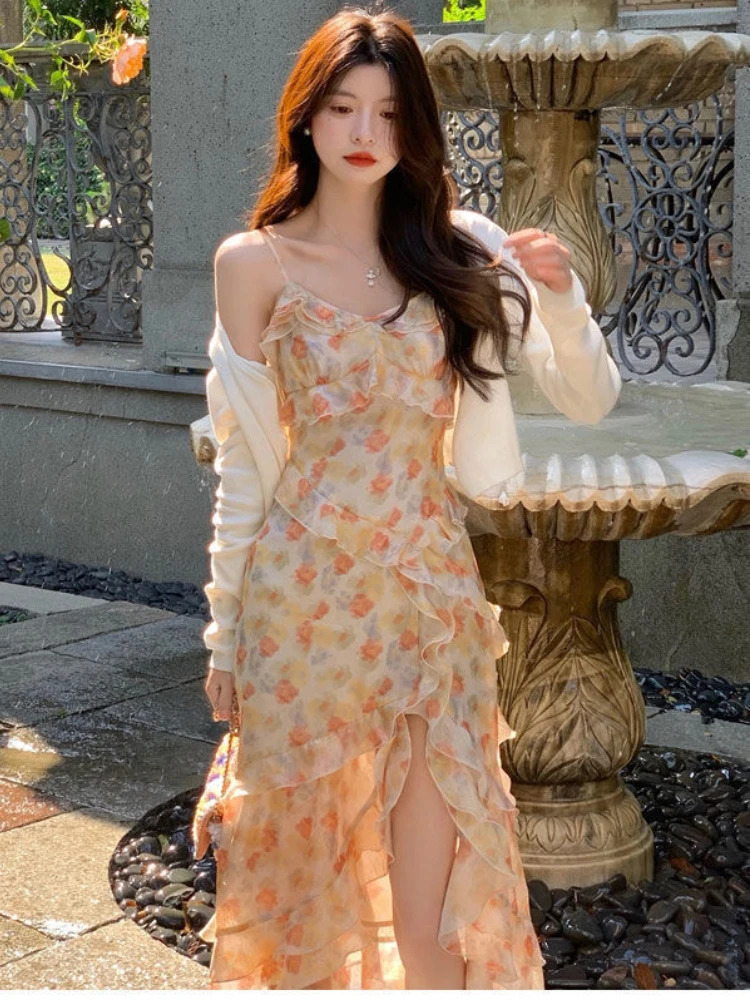 Spaghetti Strap Dresses Women Ruffles Irregular Slit Floral Summer Elegant Korean Style Sexy Thin Sleeveless Midi Sweet Tender 240319