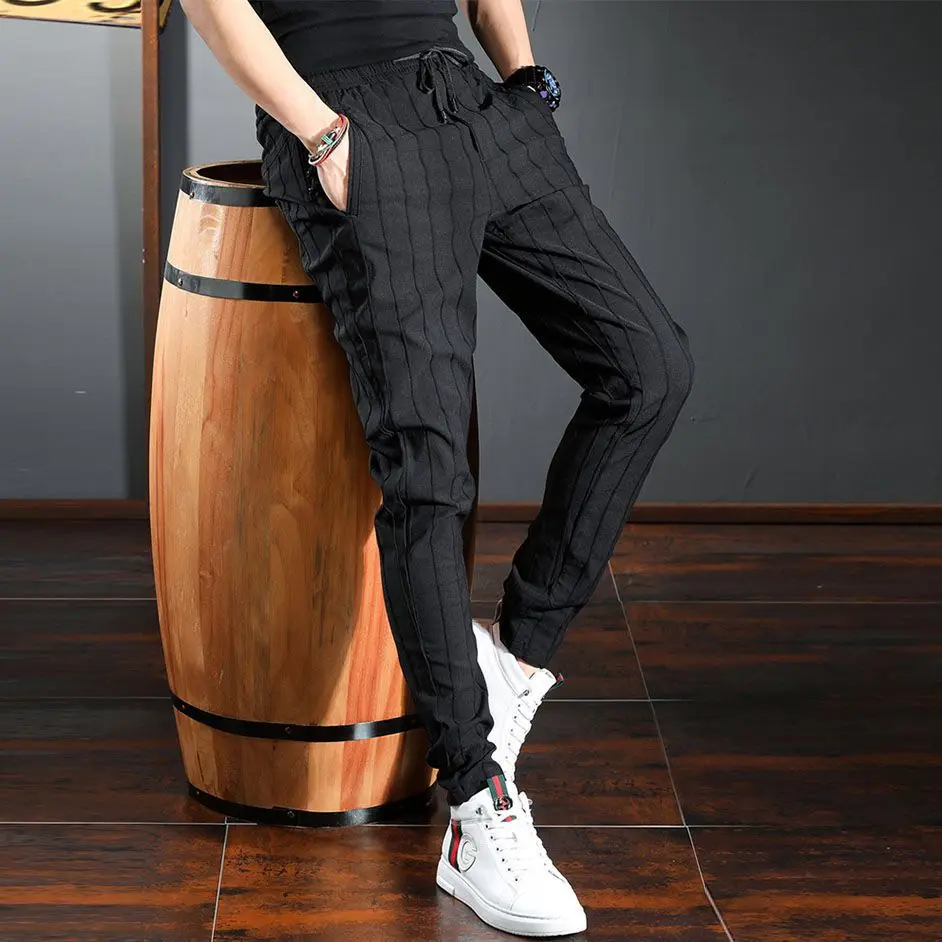 Trendy Men's Softener Elastic Waist Striped Denim Jeans Spring Autumn Casual Slim Fit Tapered Floral Embroidery British Pants
