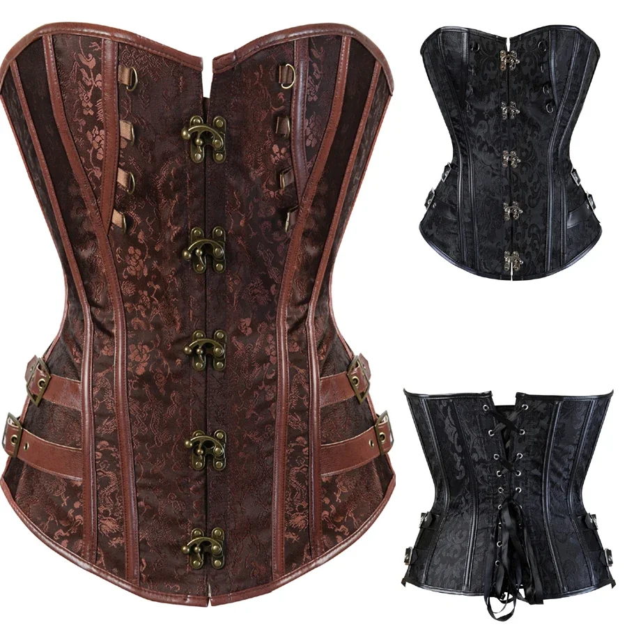 Gothic Corset Top for Women Steampunk Jacquard Pirate Faux Leather Basque Cosplay Halloween Costume Rave Outfits