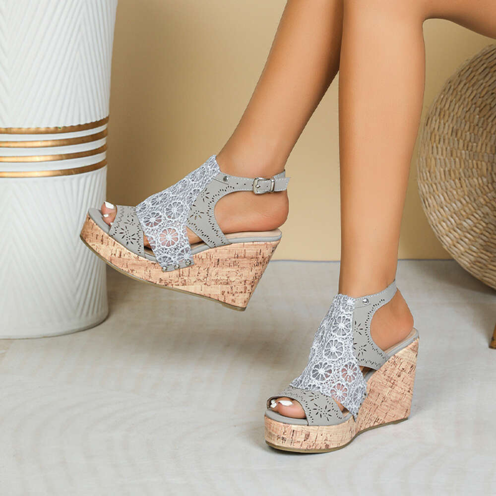 Women's Sandals Summer New Thick Heel Grey Carved Flower Slope Heel Fish Mouth Daily Solid Color Fashion Sandals Women's ddmythur