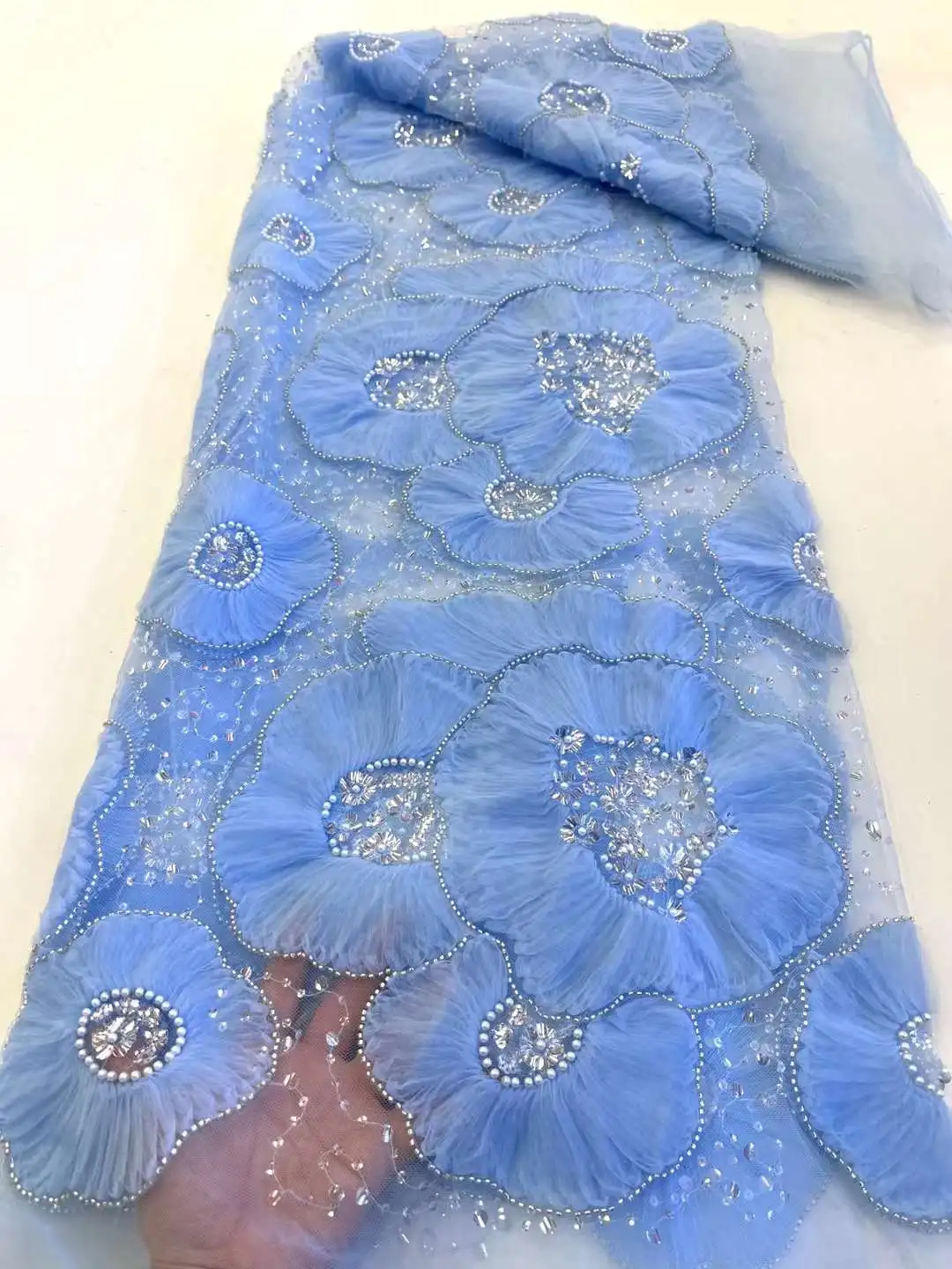 2023 Latest African 3D Flower Lace Fabric Dubai Sequins Tulle Lace Fabric Embroidered Applique Nigerian Groom Fabric For Sewing