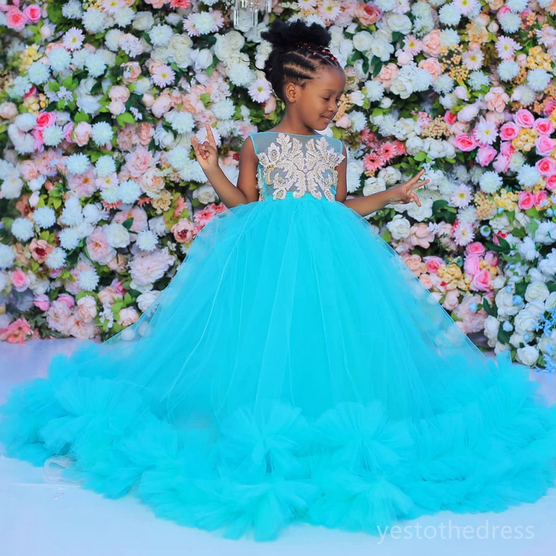 R&W 2024 African Blue Girls wer Communion Gowns Jewel Appliqued Lace Princess Queen Birthday Party Dress for Cute Little Girl F120