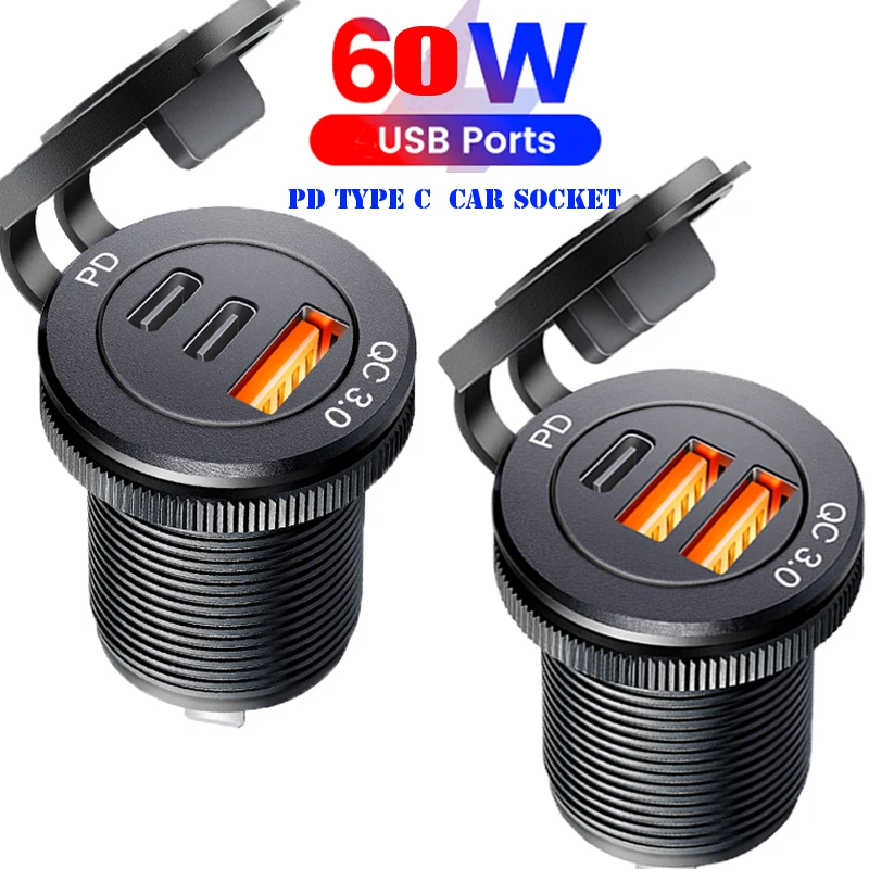 Usb outlet usb 3.0 socket 60W Type-c Outlet Fast Charging adapter for new 12V 24V Car Truck Motorcycle 2025 RV Marine Motorcycle