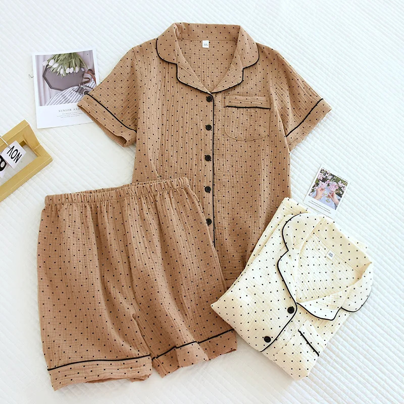 100% Cotton Gauze Winter Women Pajamas Polka Dot Print Sleepwear Autumn Female 2 Piece Set Nightwear Lady Pyjamas Loungewear 240326