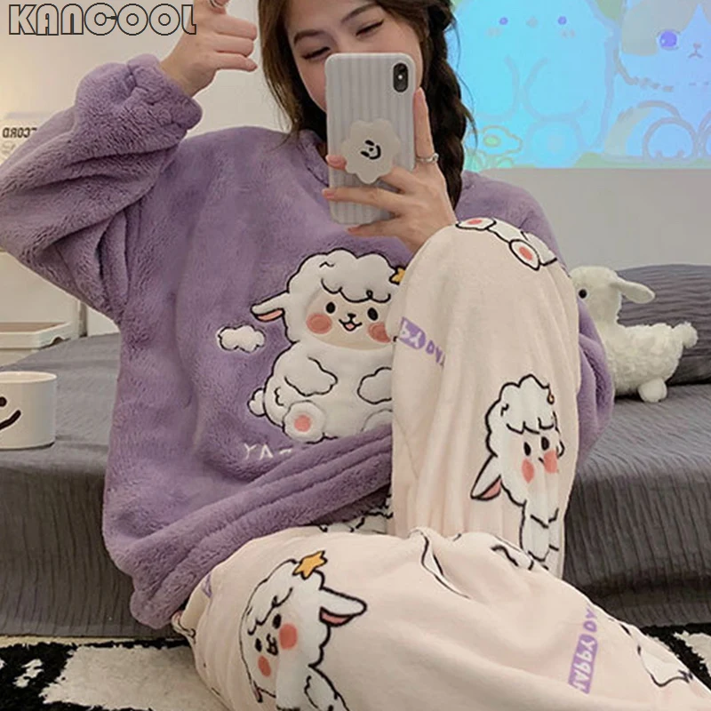 2pcs Women's Pamas Set Winter Warm Flannel Long-Sleeved Trousers Thick Coral 2025 new Veet Pyjamas Femmes Soft Home Wear For Women
