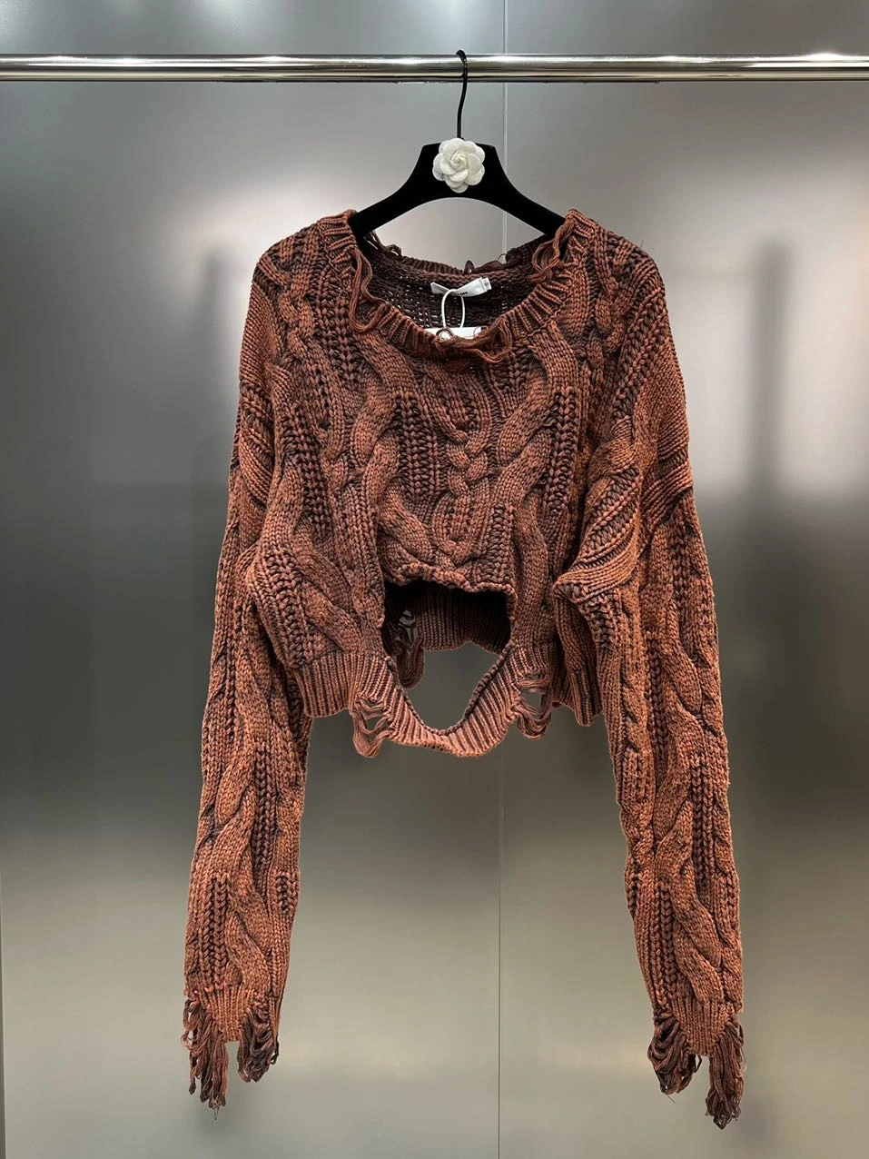 PREPOMP 2023 Autumn New Arrival Long Sleeve Round Neck Ripped Holes Loose Sweater Women Brown Knitting Pullover GL760