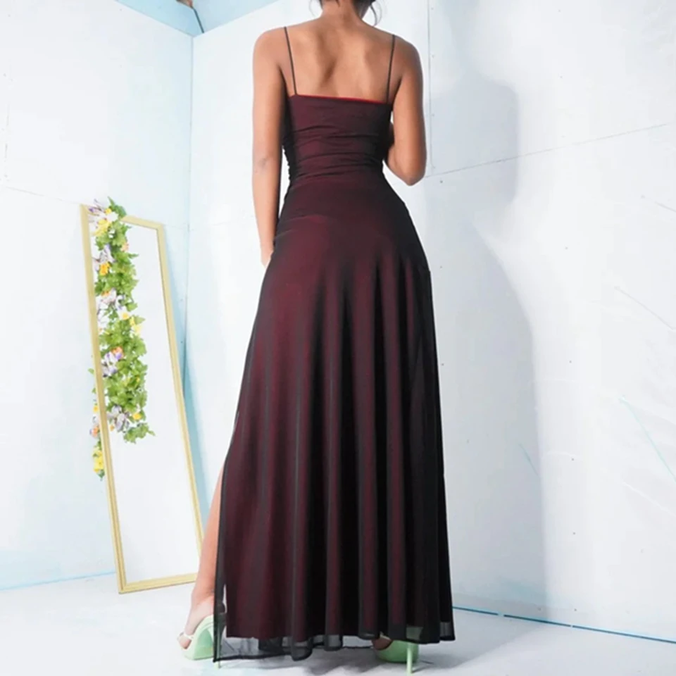 Dark Red Spaghetti Straps Tulle Mermaid Prom Gown 2023 Sexy High Side Slit Cocktail Party Floor Length Evening Dresses For Women