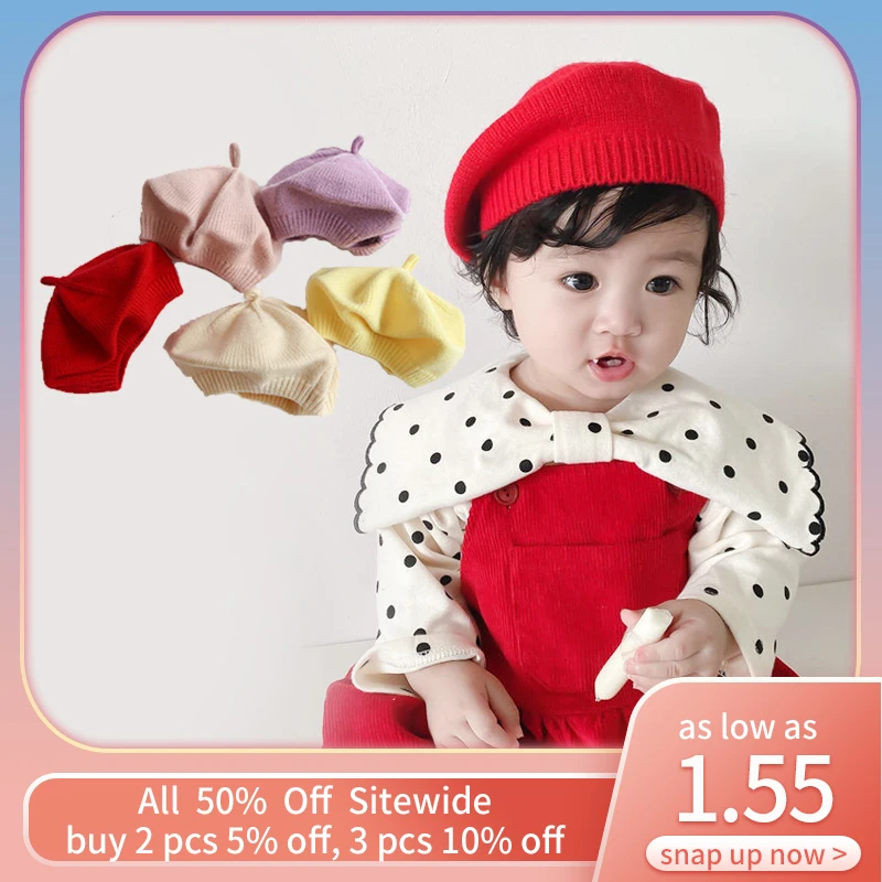 Solid Color Baby Wool Knitted Beret Toddler Autumn Winter Warm Beanie Korean Vintage Kid Artist Painter Cap Boy Girl Crochet Hat