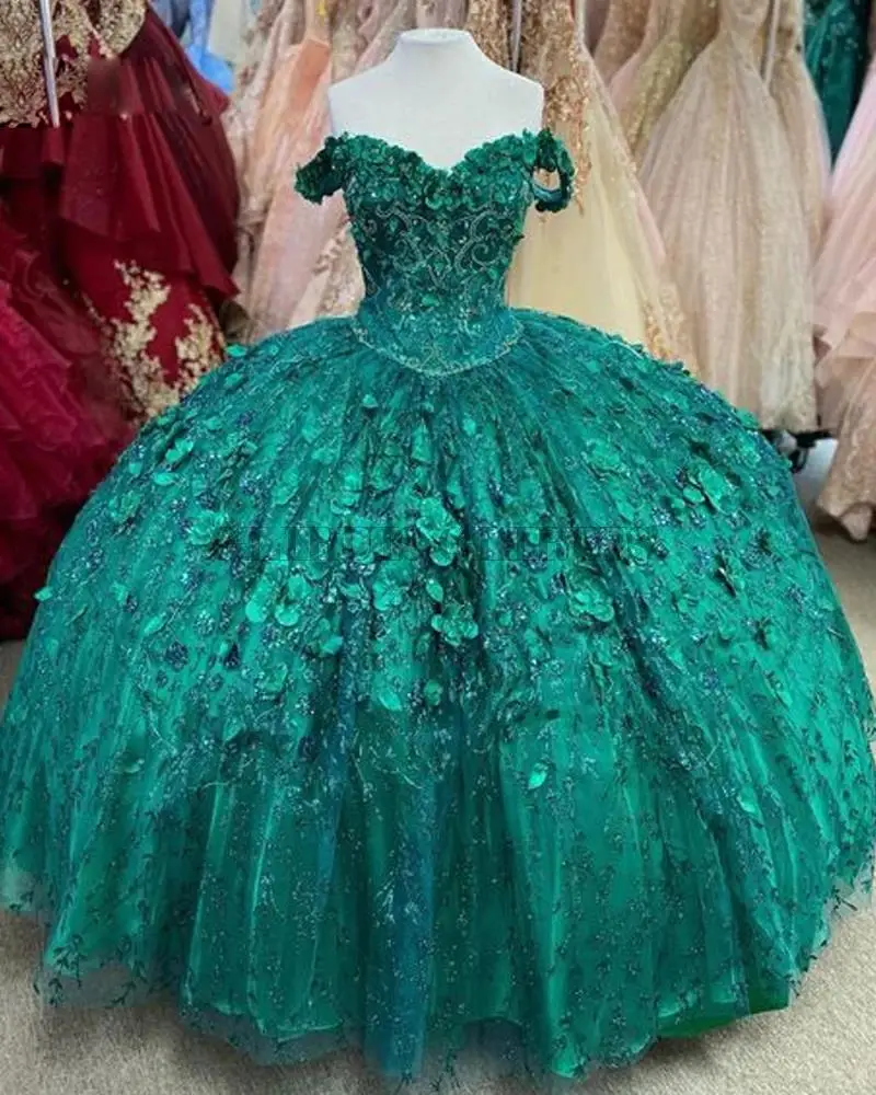 Emerald Green Quinceanera Dresses Ball Gown Floral Applique Crystal Sweet 16 Dresses With Cloak Birthday Party