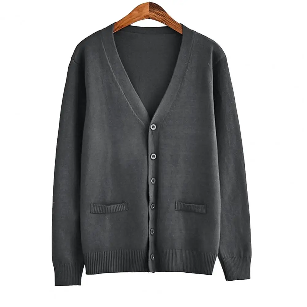 Student Sweater Solid Color Long Sleeve Single-breasted Daily Wear V Neck Preppy Style Sweater Coat For School
