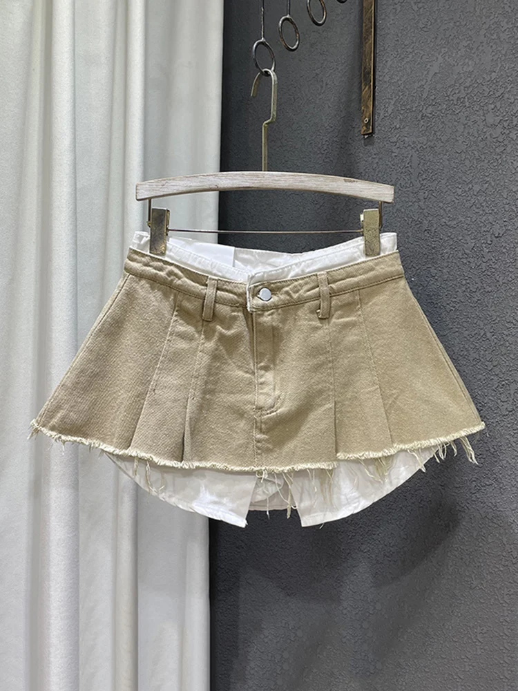 DEAT Trend Contrast Color Patchwork Denim Skirt Women Hem Burrs High Waist Loose Wrap Hip 2025 Skirts new Female 2024 Spring New 11XX1592