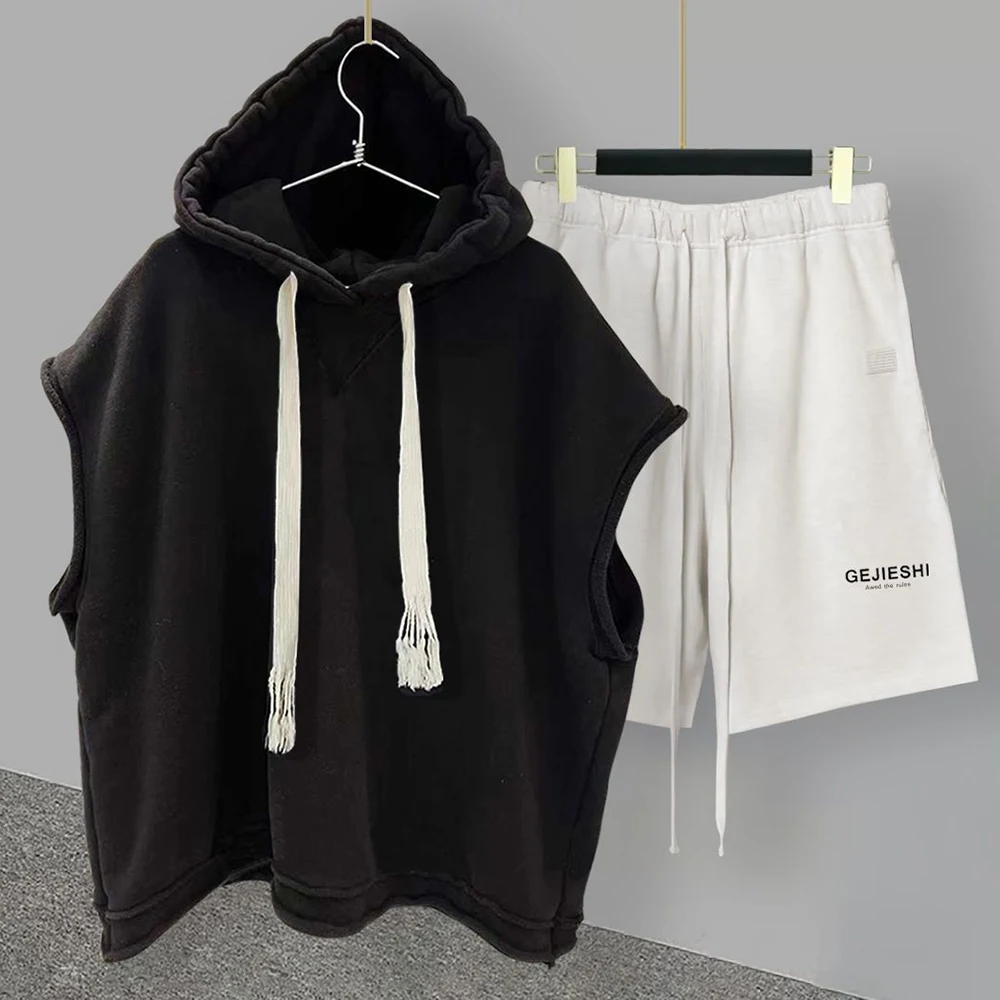 Casual Sports Shorts Suit 2025 Men's Summer Solid Color Hooded Vest Letter Printing Straight Five-point new Pants Loose and Versatile