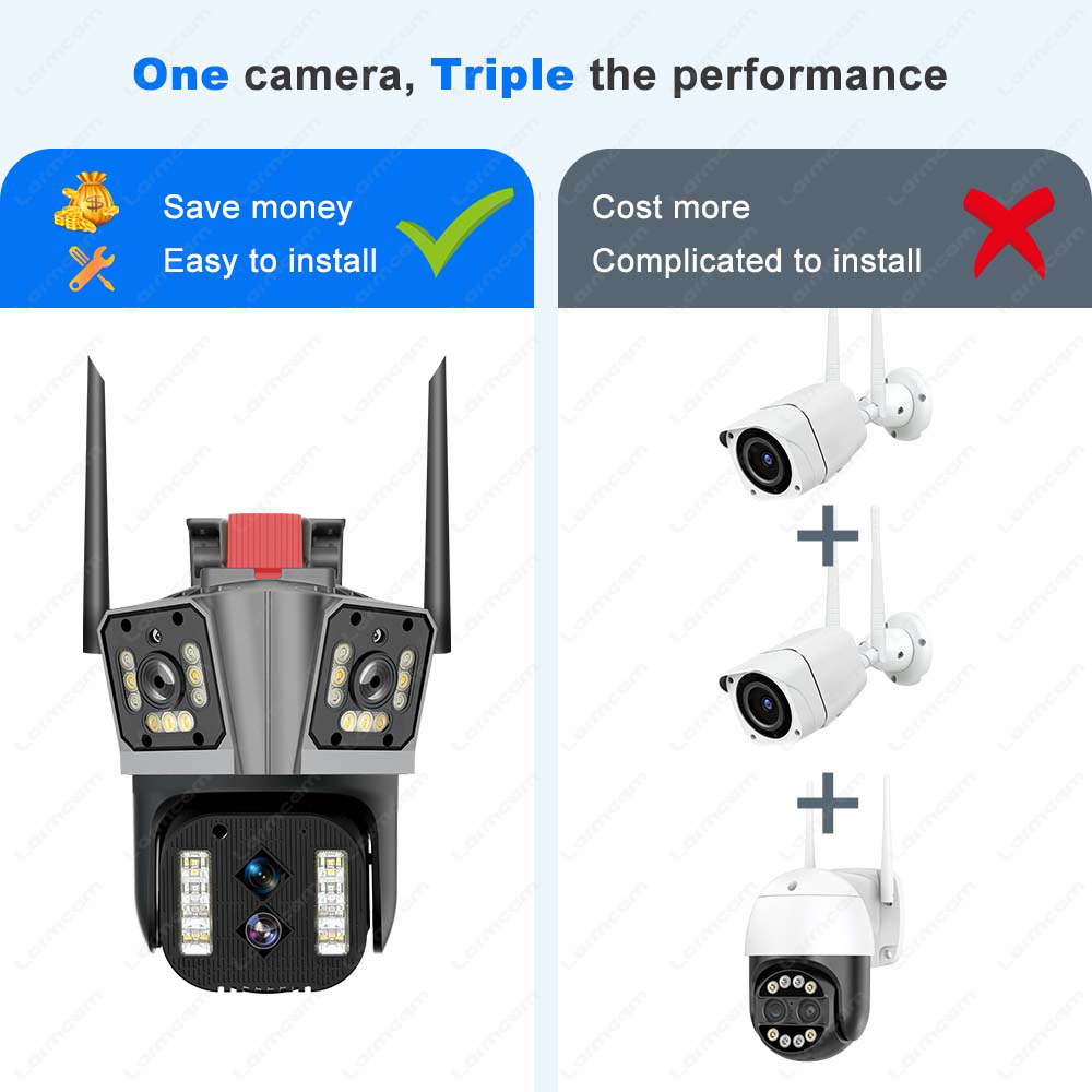 16MP 8K WiFi Camera Outdoor Security Cam Four Lens Three Screen 10X Zoom Video Surveillance PTZ Mini CCTV 360° AI Tracking