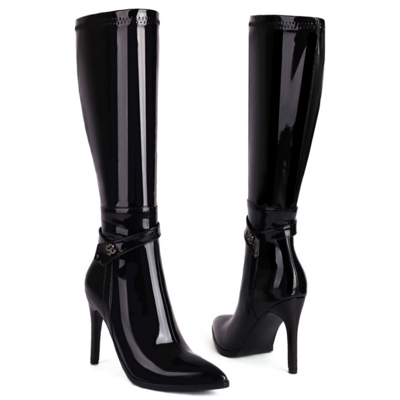 Knee Sexy High Boots Women New 2023 Winter Point Black Heels Long Boot Patent Dance Party Shoes Female Large Size 44 46 1d95