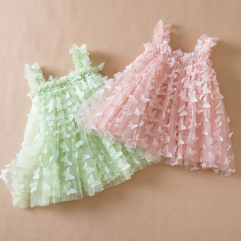 Summer Baby Girls Dress 3D Butterfly Tulle Tutu Princess Birthday Party Strap for 15Y Toddler Kids Clothes 240325