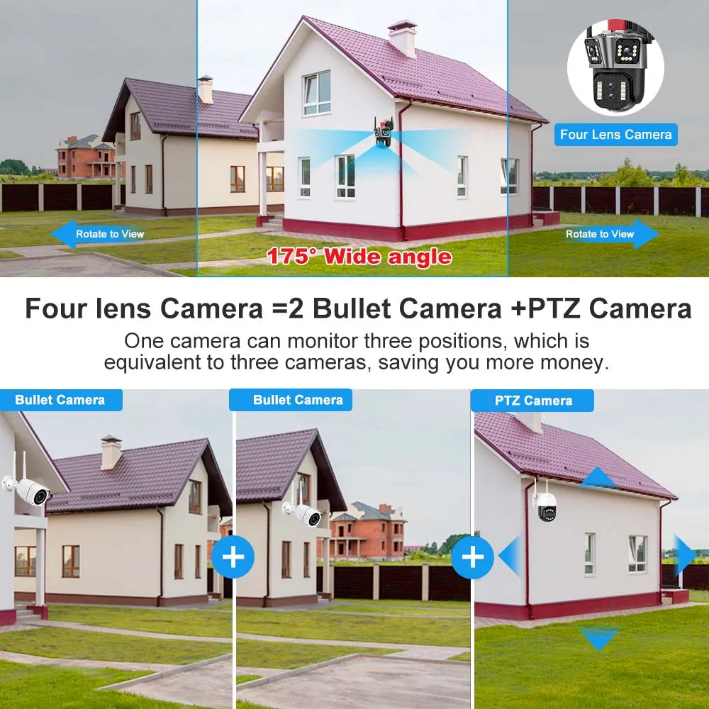 16MP 8K WiFi Camera Outdoor 10X Zoom Surveillance Four Lens Threen Screen PTZ Security Camera Video CCTV Ai Tracking Wide Angle