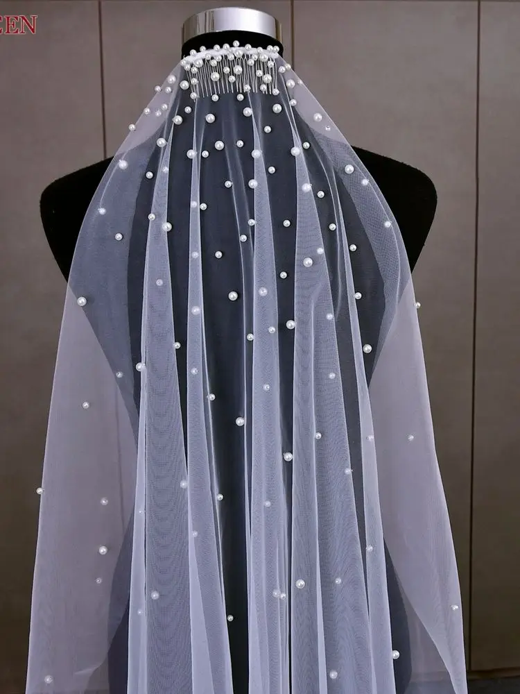 TOPQUEEN Elegant Pearls Bridal Veil Soft 1 new Tier Beaded Wedding Veil for Bride Simple Cathedral Length Veils 2025 with Comb v180