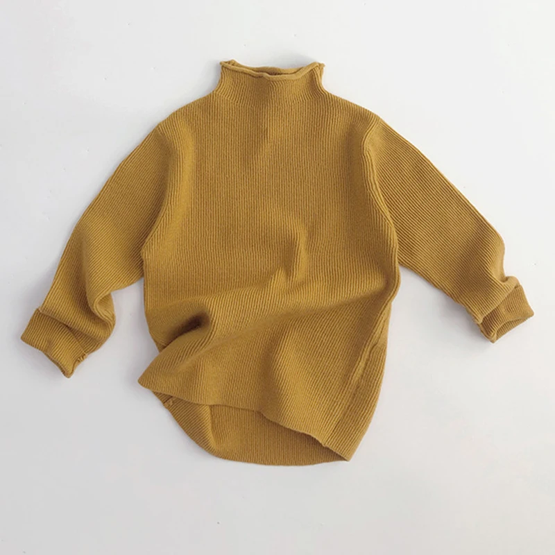Autumn Spring Korean Style Long Sleeved Solid Color Knitted High Neck Bottom Shirt Baby Boys Girls Pullover Sweater