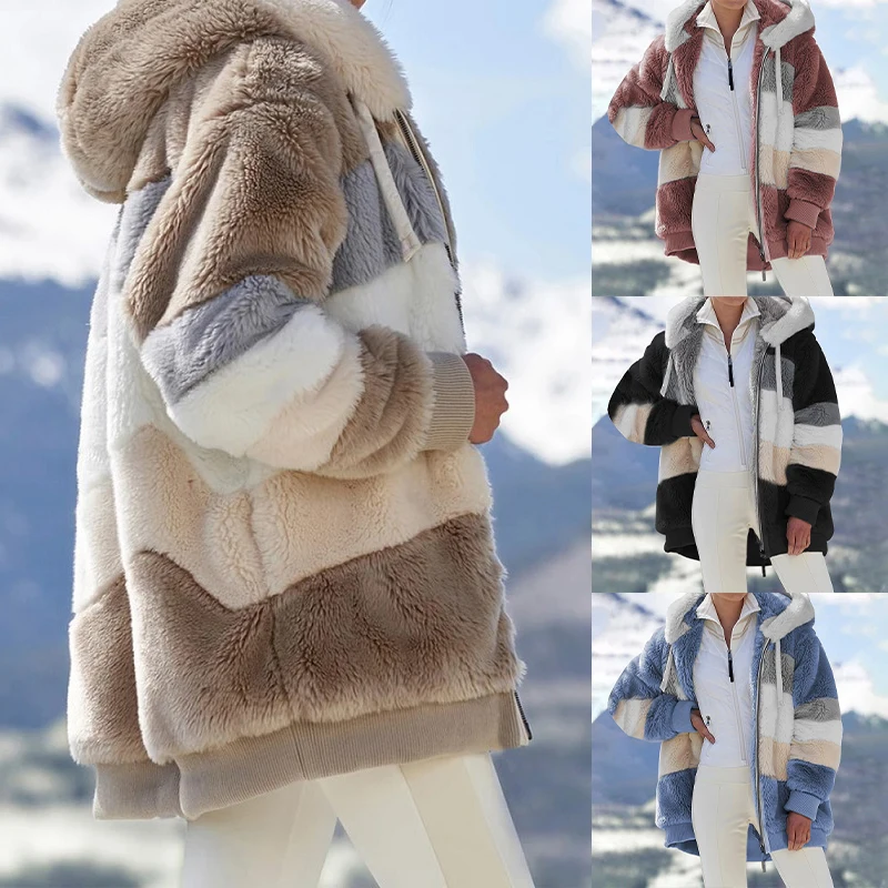American Style Women's Overcoat Contrast Colors Autumn Winter Loose Casual Lint Thermal Overcoat Zipper Hooded