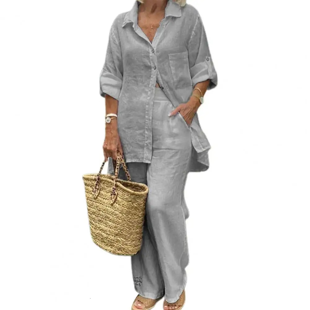 2 PcsSet Fabulous Leisure Summer Top Trousers Set Pockets Casual Deep Crotch Easy to Match 240329