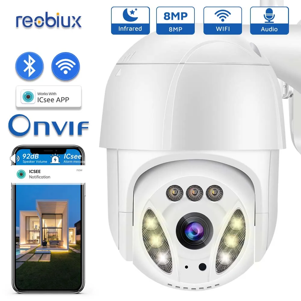 4K 8MP HD Wifi PTZ Camera IP Cam Outdoor Surveillance Camera 5x Digital Zoom CCTV Camera Color IR Light Audio Video For ICsee