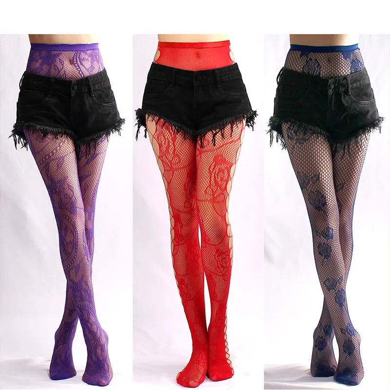 Women Sexy Colorful Fishnet Pantyhose Rose Flower Vine Jacquard Patterned Tattoo Tights Side Hollow Holes Drop Shipping