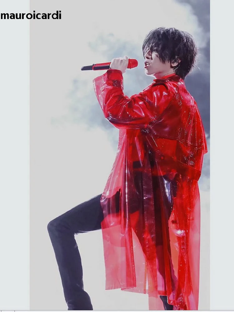 Mauroicardi Spring Autumn Cool Long Red Transparent Faux Leather Trench Coat Men Double Breasted Luxury Designer Emo Clothes