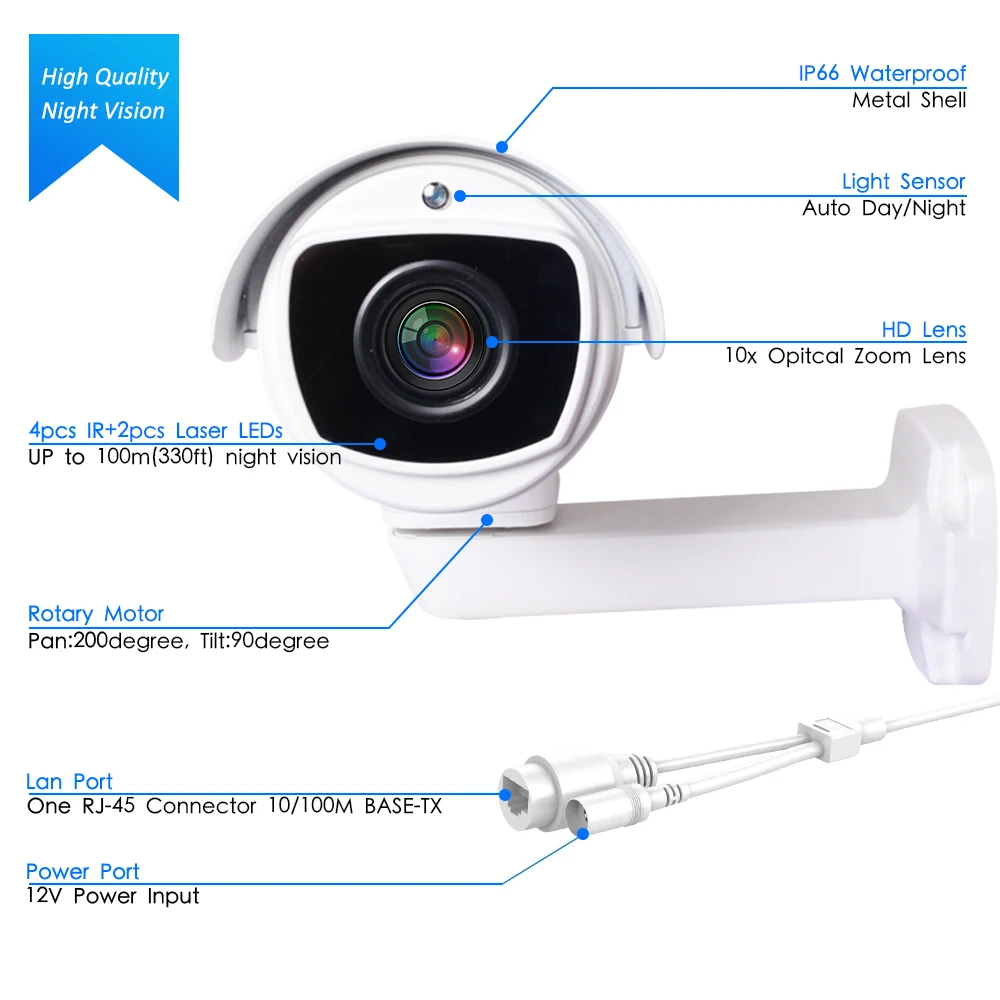 Outdoor PoE PTZ Bullet IP Camera 5MP 8MP 4K HD 10x Optical Zoom CCTV Security Waterproof 330ft Laser IR Surveillance XMEYE