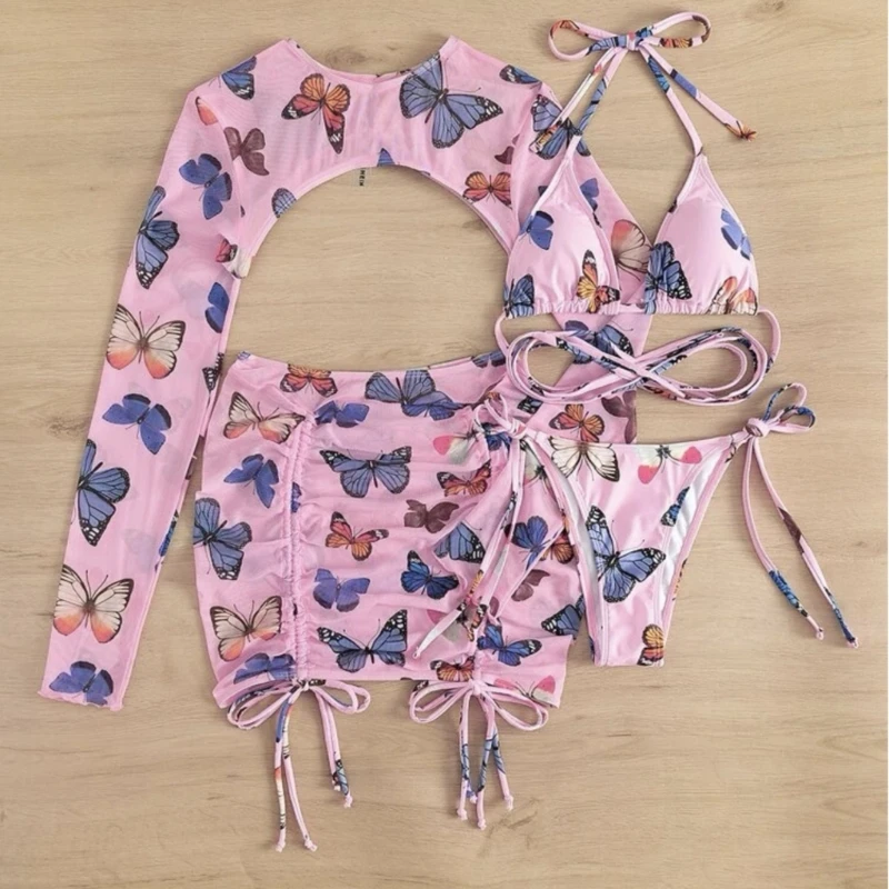 4Pc Swimsuit for Women Halter Bikinis 2025 Lace Up Swimwear with Beach-Skirt Sexy Butterfly-Print Bathing new Suit Beachwear Dropshipping