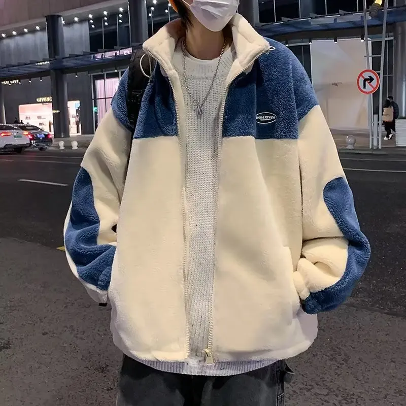 Winter Fleece Fluffy Jacket Warm Fuzzy Zipper Patchwork Coat Men Autumn Lightweight Jackets Streetwear Hip Hop Harajuku 2023