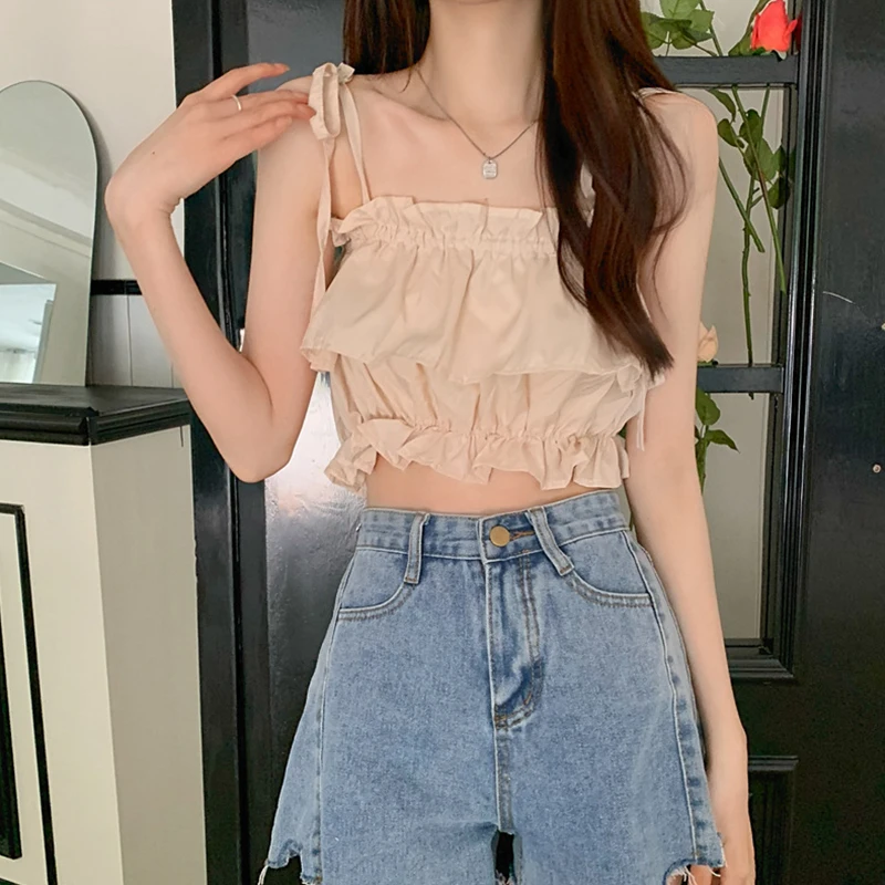Women Summer Crop Camisoles Low-Cut 2025 Sling new Plain Ruffle Ruched Short Tops, Ladies Shoulder Straps Tie Slim Navel Vest