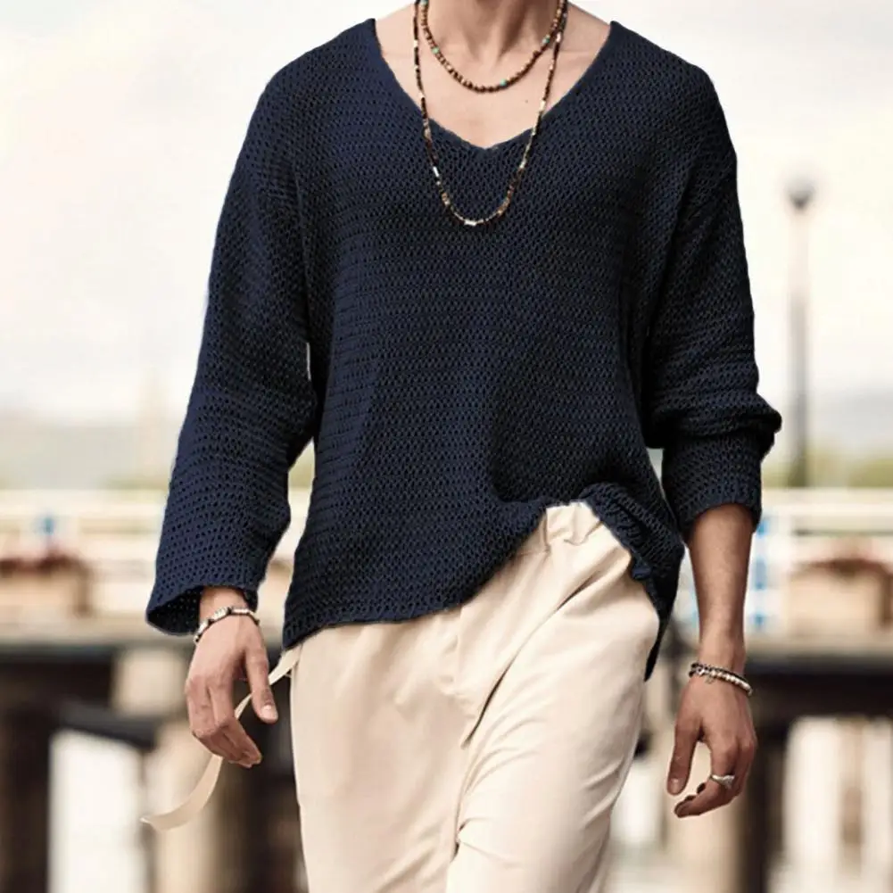 Men Pullover Sweater Spring Autumn V-Neck Long Sleeve Knitted Tops Solid Color Hollow Out Loose Knitwear Streetwear