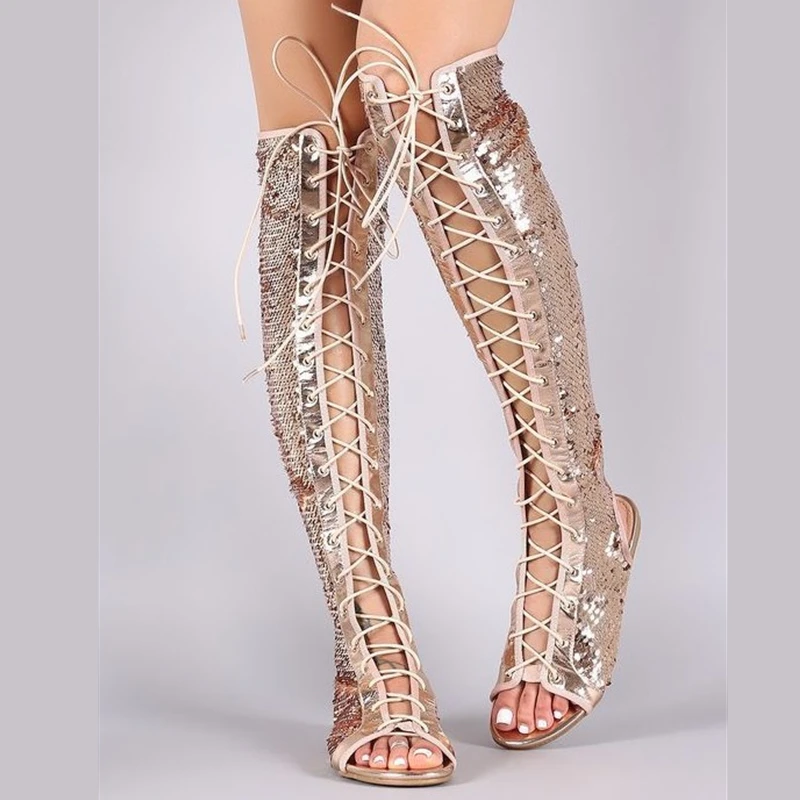 Sandals for Women Strappy Open Toe Knee High Summer Flat Sandals Roman Bandage Boots Woman Sandals Plus Size 34- 43 44