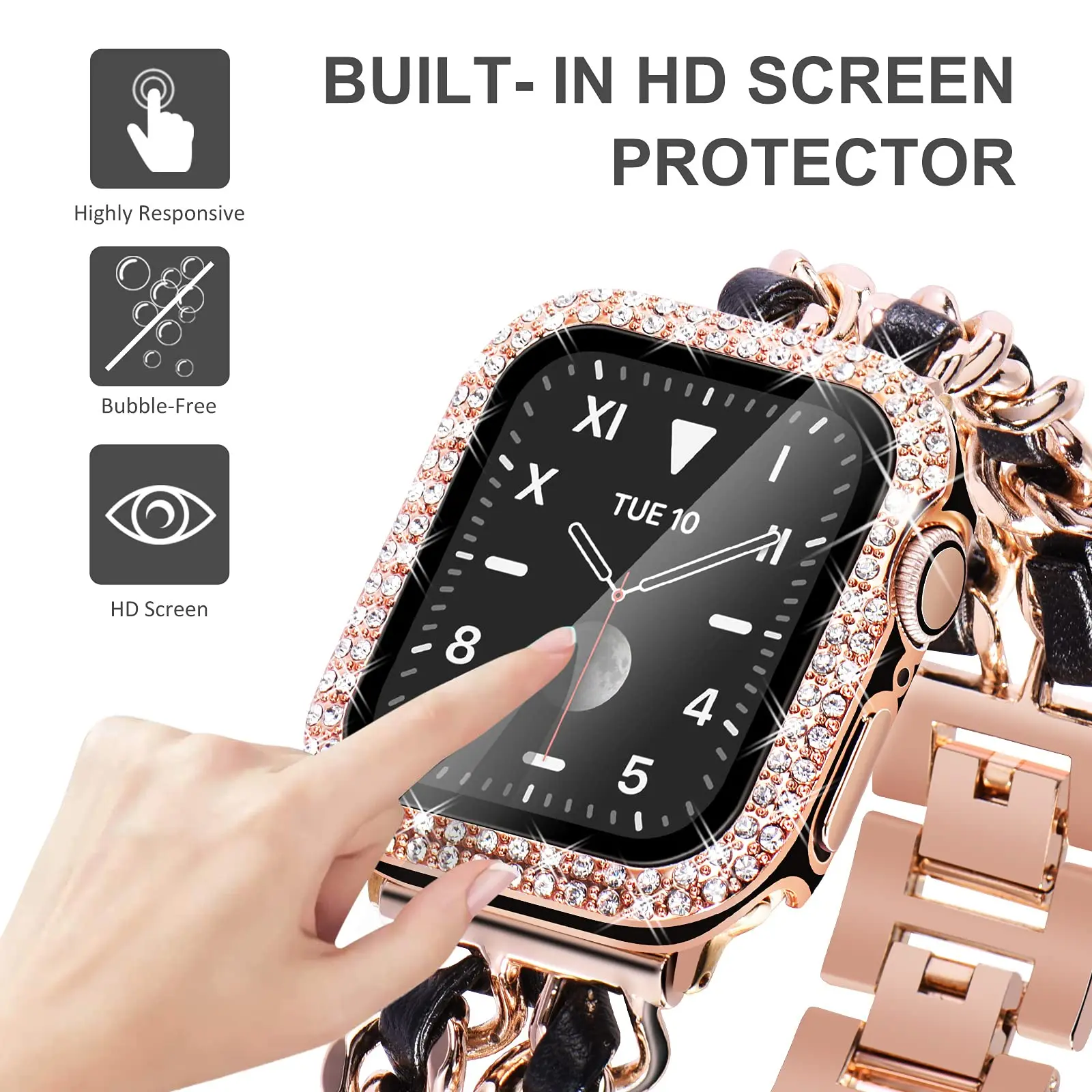 Glass+Cover For Apple Watch case 40mm 44mm 45mm 41mm iWatch Accessories Diamond+Screen Protector Apple watch series 9 8 3 6 SE 7