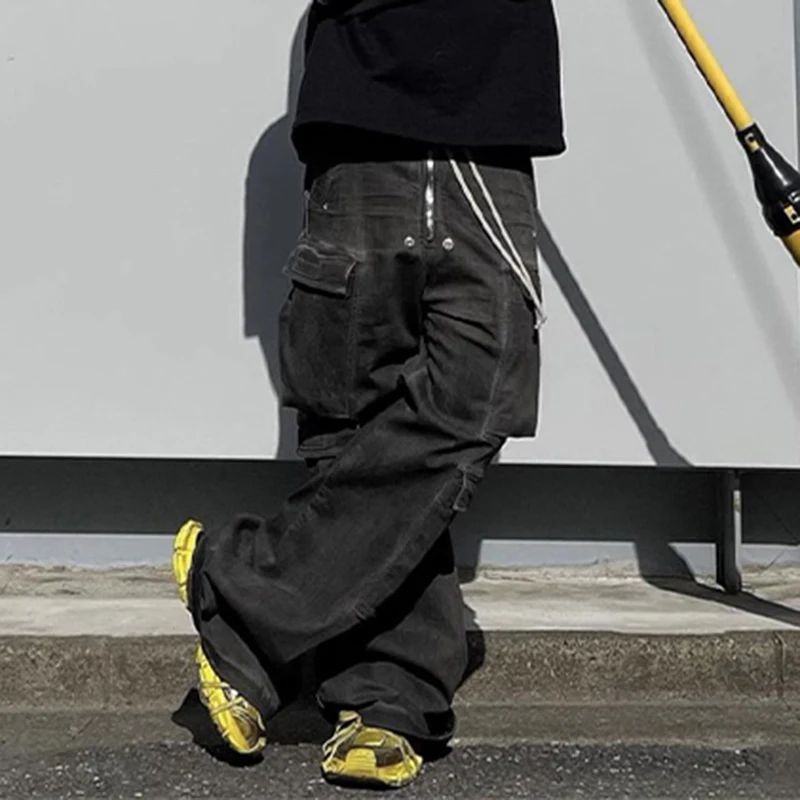 FEWQ Wash Wide Leg Men Jeans Trendy American Style Multi Pocket Floor 2023 Cargo Pants New High Street Vintage Trousers 24X1612